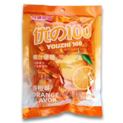 Youzhi 100 Orange Flavor Candy-86g Product information Country of Origin: China Product Name: YOUZHI 100 Orange Flavor Candy- 86g Ingredients: Ingredients: sugar, glucose syrup, cocoa butter substitute, Orange juice concentrate (additional amount 8%), food additives (citric acid, DL-malic acid, sodium citrate, titanium dioxide, sunset yellow, Storage: Store in a Cool and Dry Place, Avoid Direct Sunlight. Barcode: 06975658260035